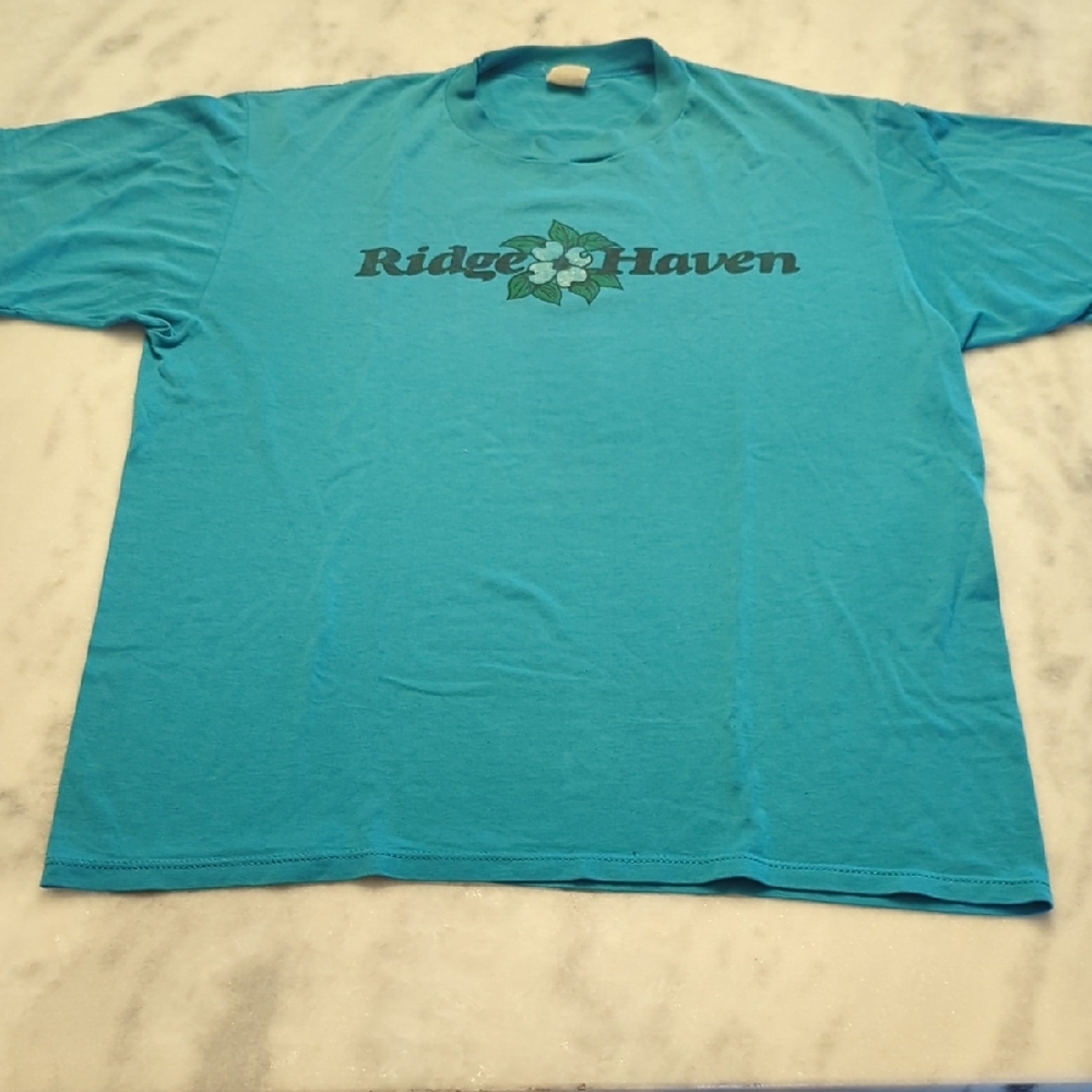 Vintage 80s T-shirt RIDGE HAVEN dogwood Camp Tee Large Teal
